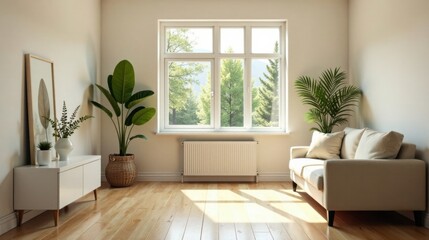 Poster - Serene living room interior design with sunlight streaming through large window, showcasing minimalist furniture and lush potted plants