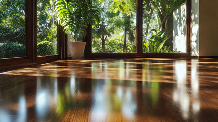 Poster - Natural wood flooring in sunlit room with lush greenery outdoor view