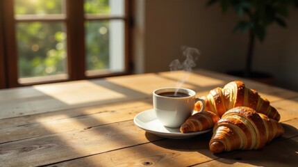 Aufkleber - Aromatic Coffee and Golden Croissants on a Sunlit Wooden Table