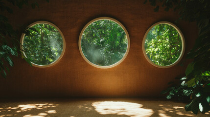 Poster - Tropical view through three circular windows in a cozy room setting