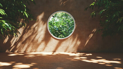 Poster - Circular window with lush greenery and shadows surrounded by white frames