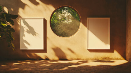 Poster - Minimalist composition with white frames and circular window in sunlit interior design