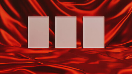 Poster - Three white frames arranged on luxurious red silk fabric background