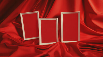 Poster - Minimalist design with three white frames on vibrant red background for interior decor