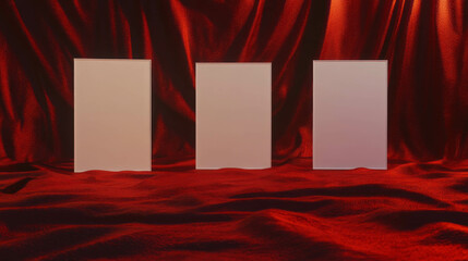 Poster - Minimalistic white frames on elegant red fabric background for artistic display