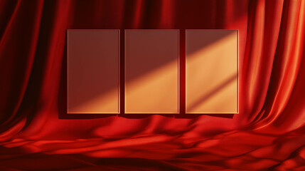 Poster - Modern art display with three white frames on vibrant red fabric background