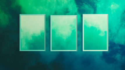 Poster - Abstract art display with three white frames on a teal and green cloudy background