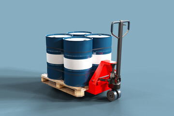Poster - Pallet jack with metal barrels. Hydraulic trolley for transporting goods. Pallet jack casts shadow. Old barrels are tied up ready to be loaded into machine. Pallet jack for warehouse. 3d image