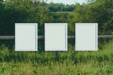 Poster - Trio of white frames on wooden fence in green nature setting for art display or home decor