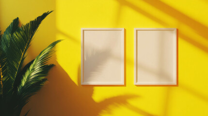 Poster - Modern asymmetric white frames on vibrant yellow wall with tropical plant shadows