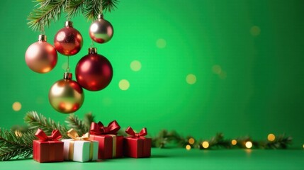 Aufkleber - Festive Christmas Ornaments Hanging from a Tree Branch with Gifts Below on a Green Background
