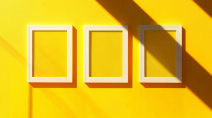 Poster - Minimalist display with three white frames on vibrant yellow background for interior design
