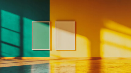 Aufkleber - Two small white frames on vibrant colorful wall with sunlight shadows