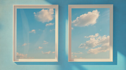 Poster - Dual white frames on blue wall featuring sky and clouds for modern home decor design