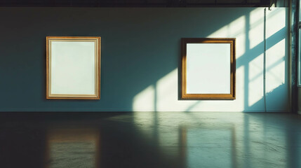 Poster - Minimalist art exhibition room with two white frames on sunlit wall