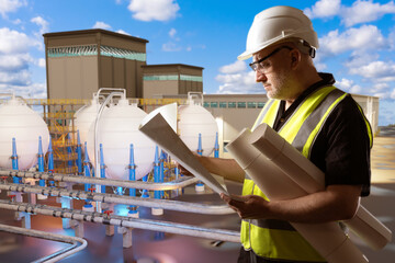 Poster - man specialist at industrial enterprise. guy with drawings near factory building. bpvc behind engine