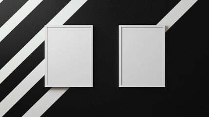 Poster - Modern minimalist two white frames on black and white striped wall for interior design inspiration