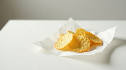 Poster - A delectable assortment of crispy, golden-brown, round crackers rests on a pristine white parchment paper, showcasing their light and airy texture.