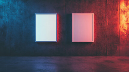 Poster - Modern art display with two white frames on textured wall in ambient lighting