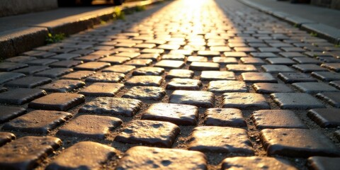 Poster - Golden Hour Cobblestone Path A Sunlit Street Scene