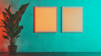 Poster - Minimalist interior design with two white frames on vibrant textured wall