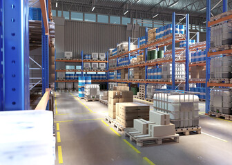 Poster - Warehouse interior. Logistics center with barrels and boxes. Storage area of enterprise in hangar. Warehouse without anyone. Stack of goods. Warehouse racks with barrels and parcels. 3d image