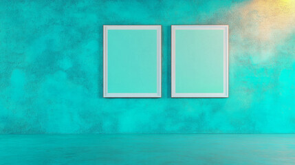 Poster - Modern minimalist interior with two white frames on textured blue wall background