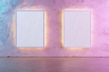 Poster - Minimalist interior design with two white frames on textured wall in ambient lighting