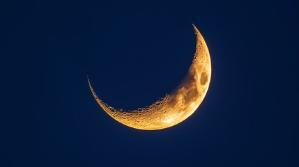 Poster - A thin crescent moon with a delicate golden glow against a deep blue sky