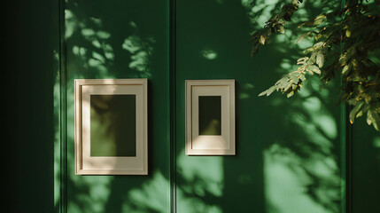 Poster - Contemporary art display with two white picture frames on green wall