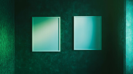 Poster - Minimalist display of two white frames on dark green wall for interior design