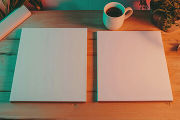 Aufkleber - Minimalist display with two white frames on wooden table with coffee mug