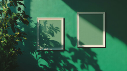 Poster - Minimalist white picture frames on green wall with shadow play