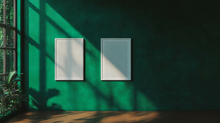 Poster - Minimalist interior design with two white frames on green wall