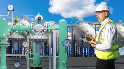 Poster - man technologist at industrial factory. manufacturing engineer holds measuring tape. portrait man te