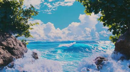 Poster - Scenic view from a cliff overlooking a tropical island with lush trees and vibrant ocean waves
