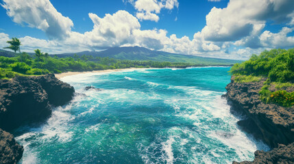 Poster - Breathtaking view from a cliff overlooking a tropical island coastline with vibrant blue ocean waves