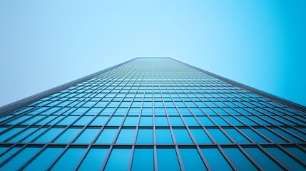Fototapete - A symmetrical, modern glass skyscraper against a pastel blue sky