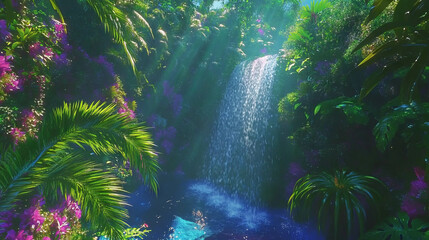 Poster - Tranquil hidden waterfall cascading into lush jungle pool