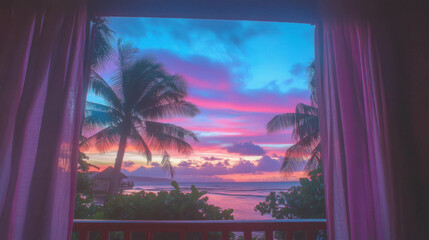 Poster - Tropical beach bungalow view with stunning sunset and ocean horizon