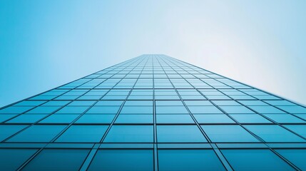 Fototapete - A symmetrical, modern glass skyscraper against a pastel blue sky