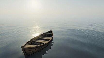 Poster - A solitary wooden boat drifting on a calm ocean with a misty horizon