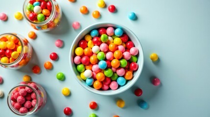 Poster - A Colorful Assortment of Sweet Candies in Jars and a Bowl on a Light Blue Background