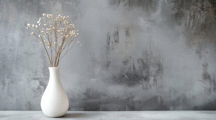 Poster - A single white vase with a dried flower against a textured gray wall