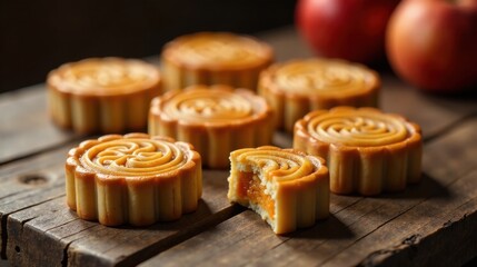Poster - A delectable arrangement of sweet pastries, featuring intricate floral designs, rests on a rustic wooden surface, accompanied by a pair of ripe apples.