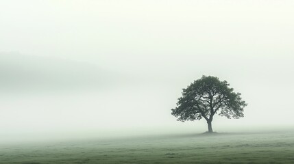 Poster - A single tree standing alone in a vast foggy landscape