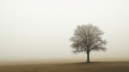 Aufkleber - A single tree standing alone in a vast foggy landscape