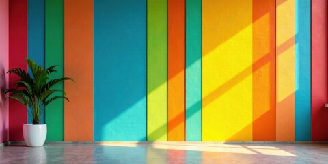 Poster - Vibrant Vertical Stripes Wall with Sunlit Floor and Potted Plant