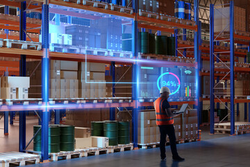 Poster - modern warehouse with man in uniform. storage area manager using laptop. warehouse employee in orang