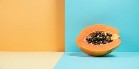 Poster - A halved papaya rests on a vibrant blue surface against a pastel orange and yellow background.